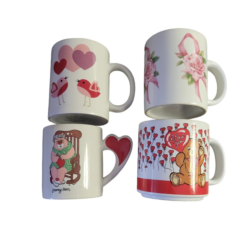 Set of 4 Valentines or Love Ceramic Mugs or Cups. Vintage